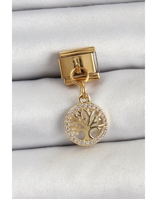 316L Çelik Sallantılı Zirkon Taşlı Hayat Ağacı Model Gold Renk Nomination Charm