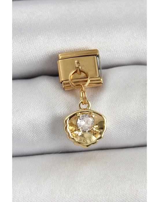 316L Çelik Sallantılı Zirkon Taşlı İstiridye Model Gold Renk Nomination Charm