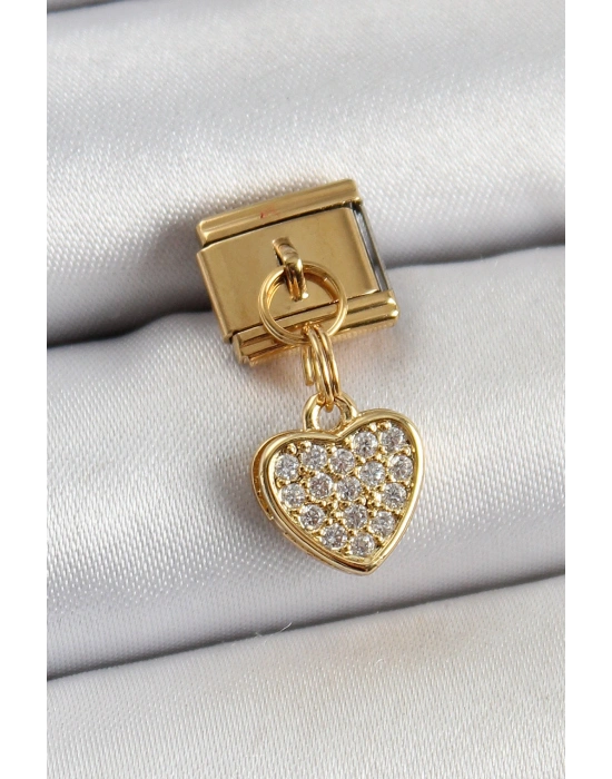 316L Çelik Sallantılı Zirkon Taşlı Kalp Model Gold Renk Nomination Charm