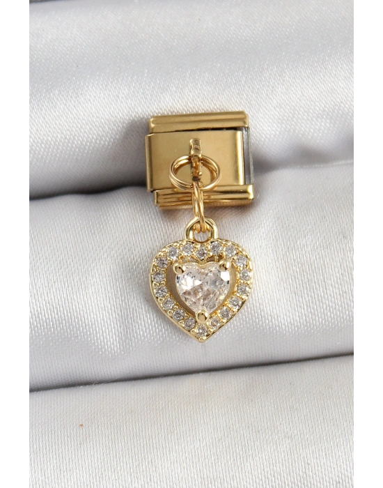 316L Çelik Sallantılı Zirkon Taşlı Kalp Model Gold Renk Nomination Charm