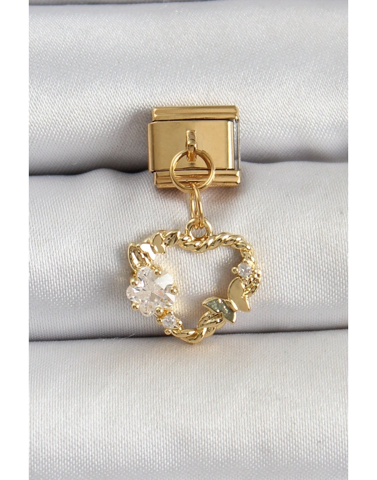 316L Çelik Sallantılı Zirkon Taşlı Kalp Model Gold Renk Nomination Charm