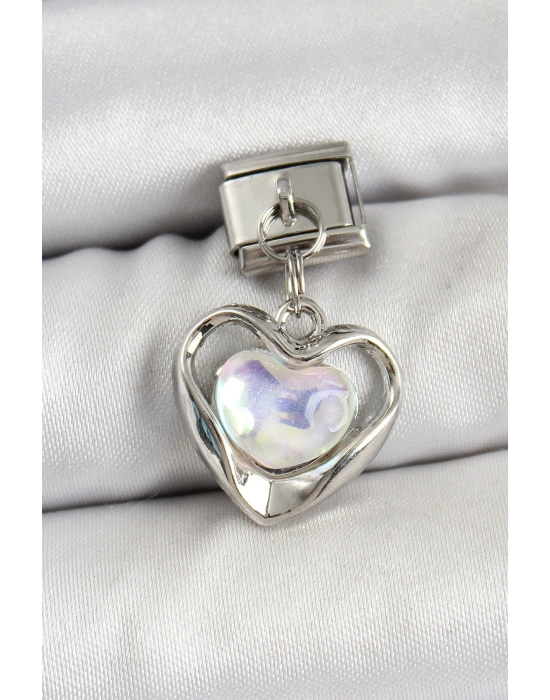 316L Çelik Sallantılı Zirkon Taşlı Kalp Model Gümüş Renk Nomination Charm