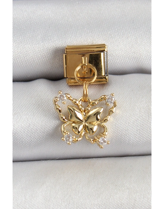 316L Çelik Sallantılı Zirkon Taşlı Kelebek Model Gold Renk Nomination Charm