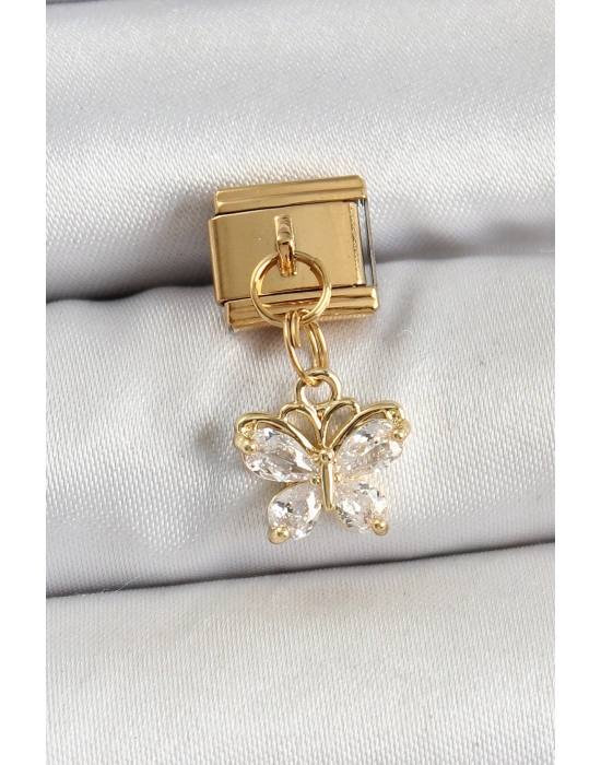 316L Çelik Sallantılı Zirkon Taşlı Kelebek Model Gold Renk Nomination Charm