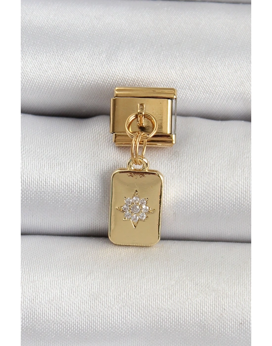 316L Çelik Sallantılı Zirkon Taşlı Kutup Yıldızı Figürlü Dikdörtgen Model Gold Renk Nomination Charm