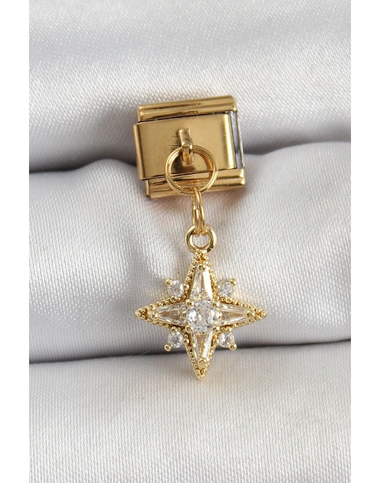 316L Çelik Sallantılı Zirkon Taşlı Kutup Yıldızı Model Gold Renk Nomination Charm