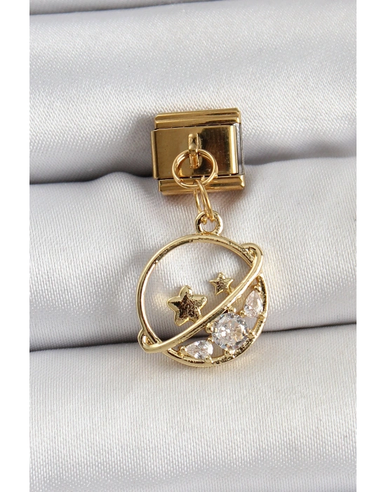 316L Çelik Sallantılı Zirkon Taşlı Satürn Model Gold Renk Nomination Charm