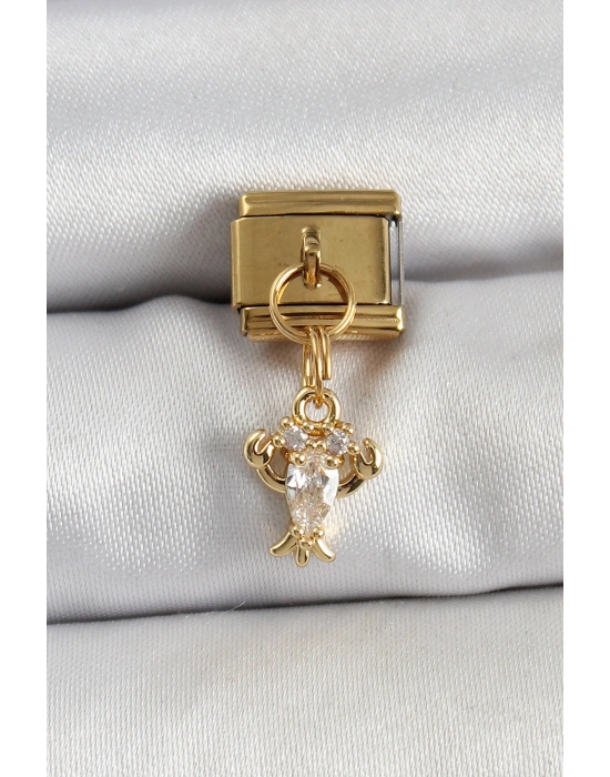 316L Çelik Sallantılı Zirkon Taşlı Yengeç Model Gold Renk Nomination Charm