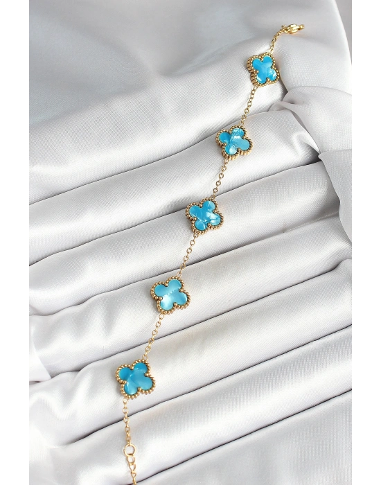 316L Çelik Sedefli Gökyüzü Mavisi Gold Renk Yonca Kadın Bileklik