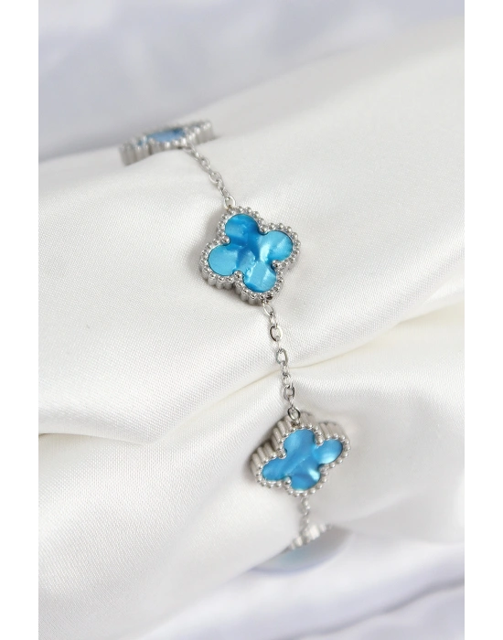 316L Çelik Sedefli Gökyüzü Mavisi Gümüş Renk Yonca Kadın Bileklik