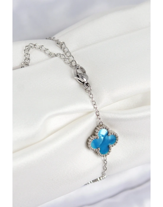 316L Çelik Sedefli Gökyüzü Mavisi Gümüş Renk Yonca Kadın Bileklik