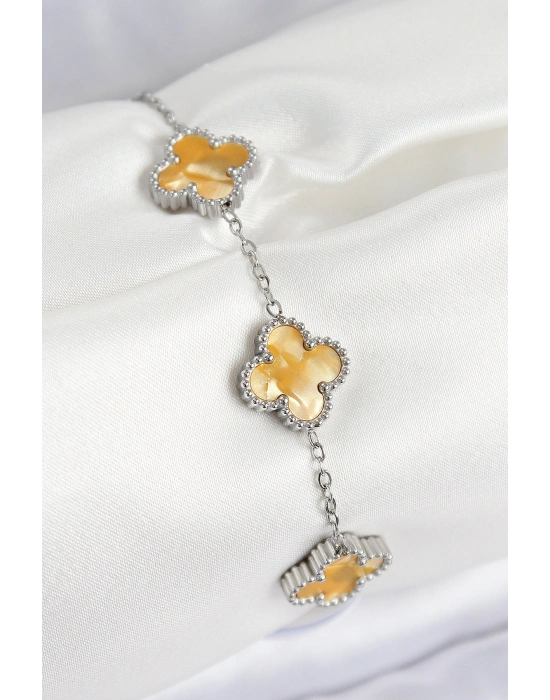 316L Çelik Sedefli Kehribar Sarı Gümüş Renk Yonca Kadın Bileklik