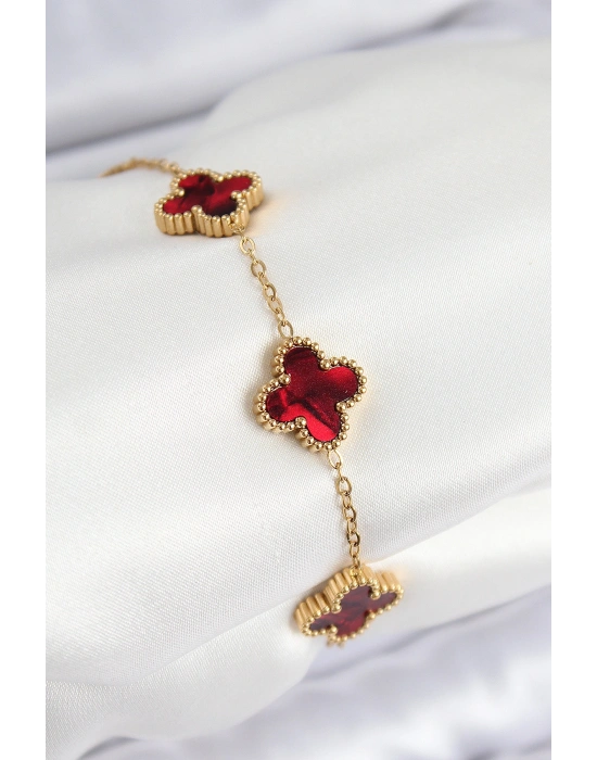 316L Çelik Sedefli Kırmızı Gold Renk Yonca Kadın Bileklik