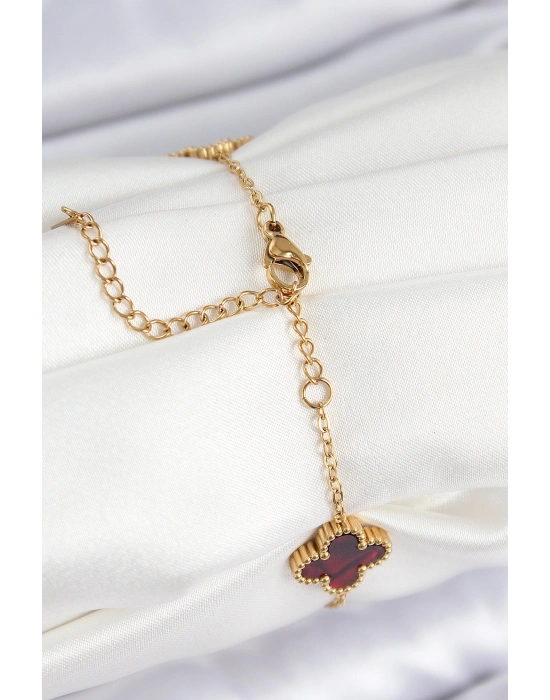 316L Çelik Sedefli Kırmızı Gold Renk Yonca Kadın Bileklik