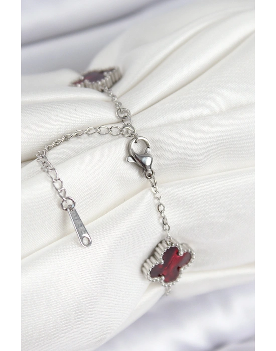 316L Çelik Sedefli Kırmızı Gümüş Renk Yonca Kadın Bileklik