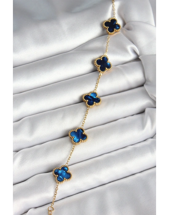 316L Çelik Sedefli Lacivert Gold Renk Yonca Kadın Bileklik