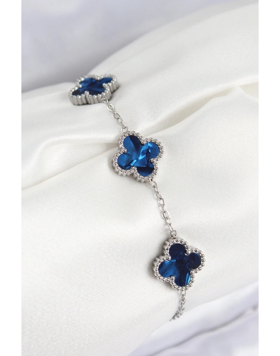 316L Çelik Sedefli Lacivert Gümüş Renk Yonca Kadın Bileklik