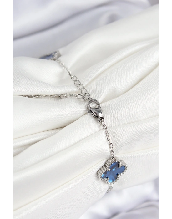 316L Çelik Sedefli Lacivert Gümüş Renk Yonca Kadın Bileklik