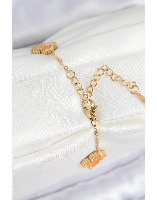 316L Çelik Sedefli Turuncu Gold Renk Yonca Kadın Bileklik