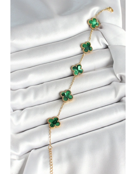 316L Çelik Sedefli Zümrüt Yeşil Gold Renk Yonca Kadın Bileklik