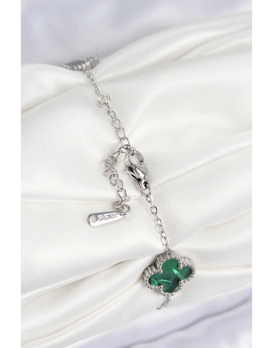 316L Çelik Sedefli Zümrüt Yeşil Gümüş Renk Yonca Kadın Bileklik