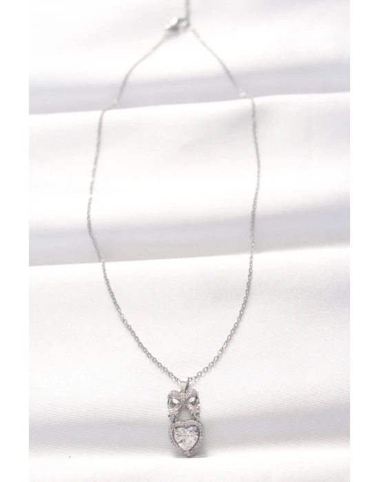 316L Çelik Silver Renk Zirkon Taşlı Kalpli Fiyonk Kolye