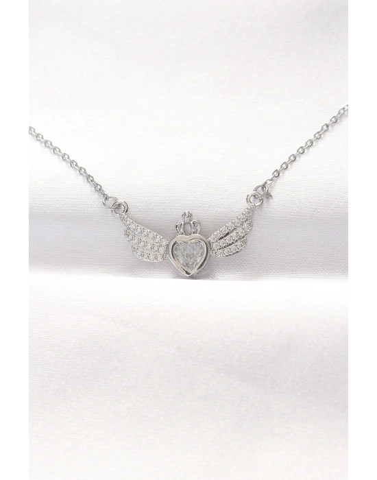 316L Çelik Silver Renk Zirkon Taşlı Kalpli Kanat Kolye