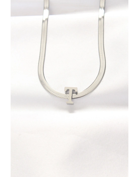 316L Çelik T Harfli Silver Renk İtalyan Zincirli Kolye