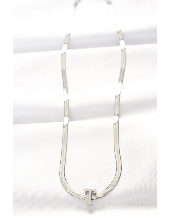 316L Çelik T Harfli Silver Renk İtalyan Zincirli Kolye