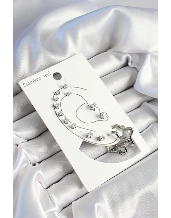 316L Çelik Yıldız Figürlü Ve Zirkon Taşlı Gümüş Renk 7li Çift Kadın Küpe Set