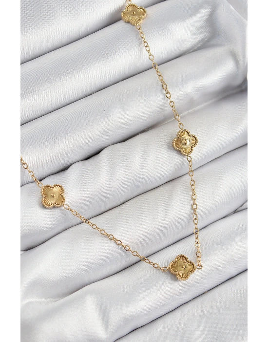 316L Çelik Yonca Model Gold Renk Kadın Kolye