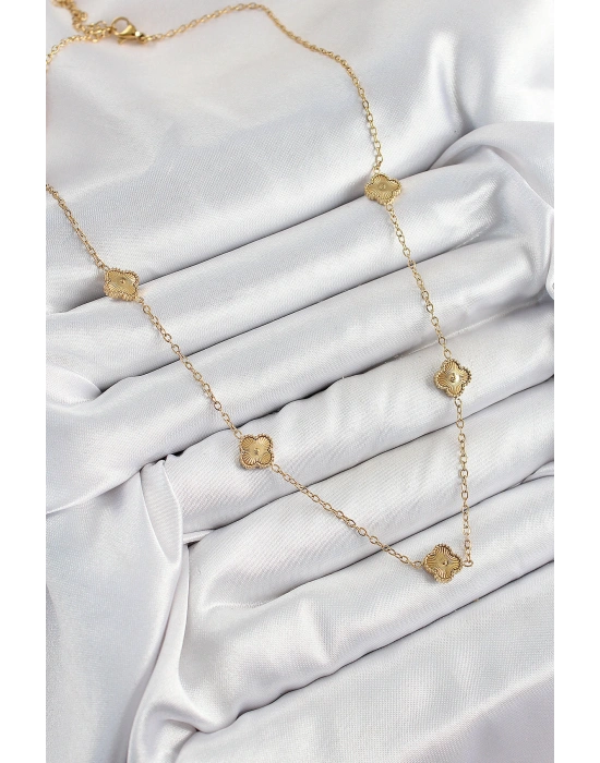 316L Çelik Yonca Model Gold Renk Kadın Kolye