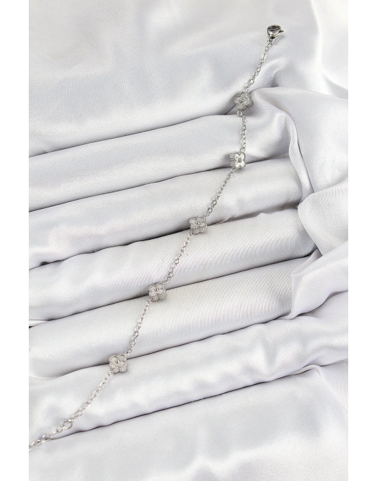 316L Çelik Yonca Model Gümüş Renk Kadın Bileklik