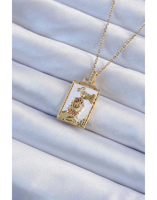 316L Çelik Zincir Altın Renk Beyaz Mineli Tarot Kolye