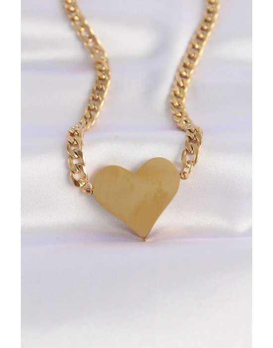 316L Çelik Zincir Altın Renk Düz Plaka Kalp Kolye