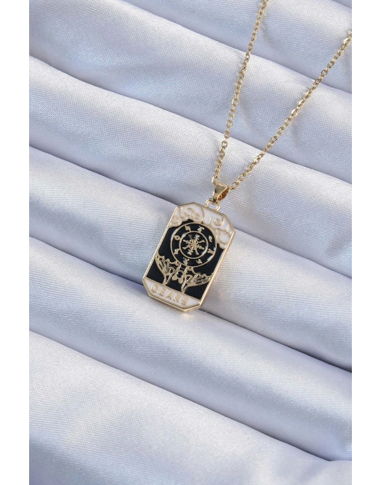 316L Çelik Zincir Altın Renk İşlemeli Siyah Mineli Tarot Kolye