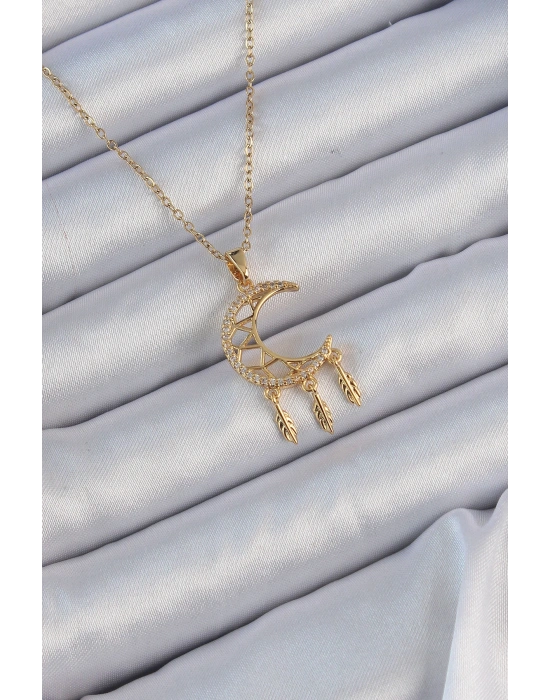 316L Çelik Zincir Altın Renk İşlemeli Zirkon Taşlı Ay Kolye