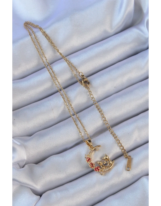316L Çelik Zincir Altın Renk Kırmızı Gül Detay Kedi Figür Zirkon Taşlı Ay Kolye