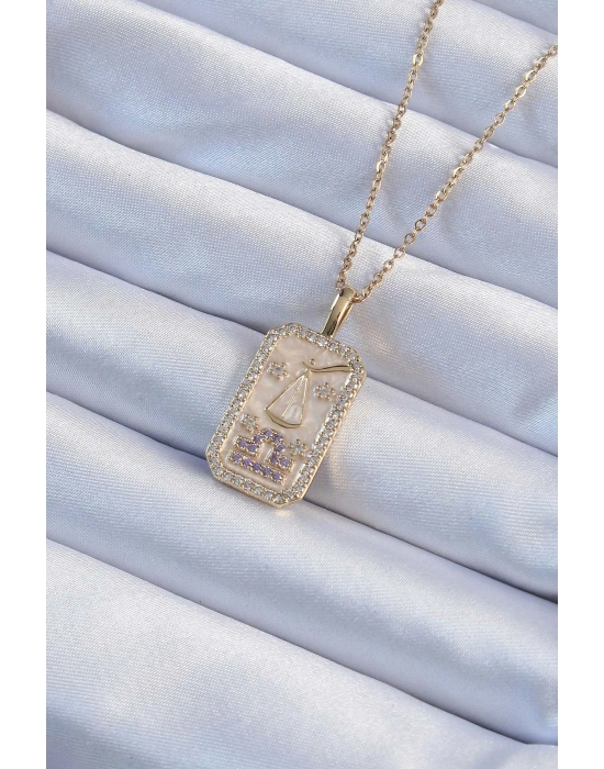 316L Çelik Zincir Altın Renk Lila Zirkon Taşlı Tarot Kolye