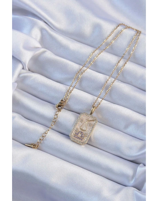 316L Çelik Zincir Altın Renk Lila Zirkon Taşlı Tarot Kolye