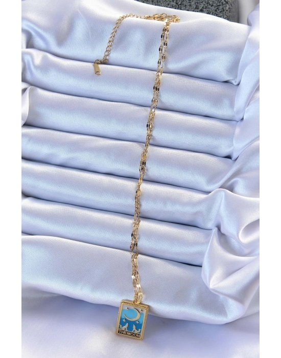 316L Çelik Zincir Altın Renk Mavi Mineli Ay Figür Tarot Kolye