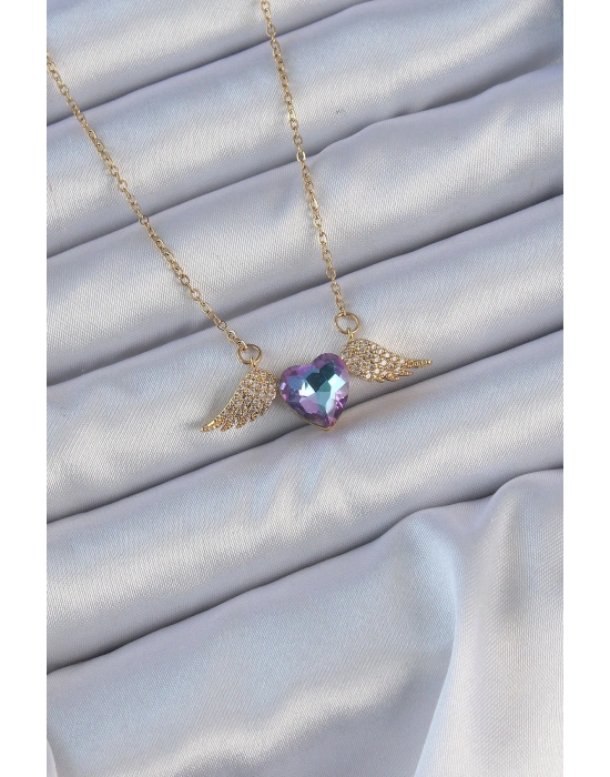 316L Çelik Zincir Altın Renk Mavi Mor Zirkon Taşlı Kanatlı Kalp Kolye