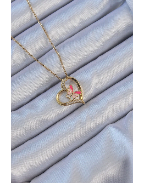 316L Çelik Zincir Altın Renk Mineli Kelebek Figür Zirkon Taşlı Kalp Kolye