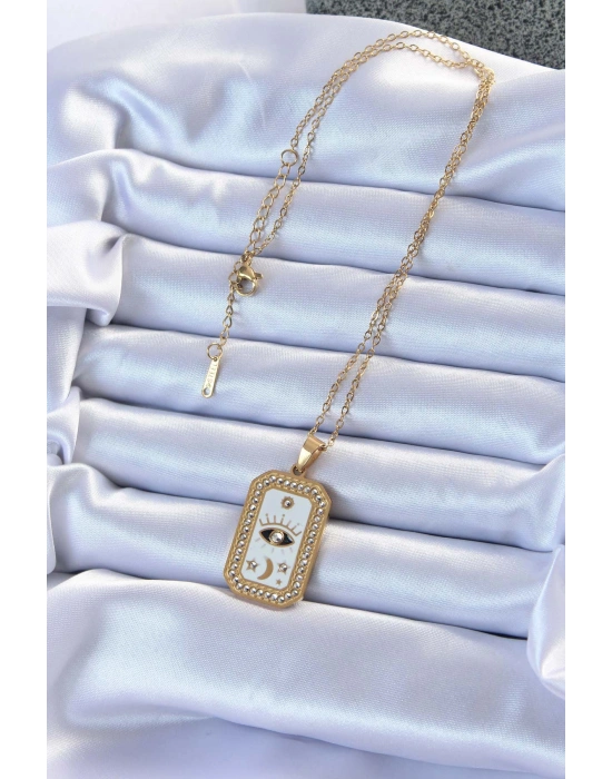 316L Çelik Zincir Altın Renk Mineli Zirkon Taşlı Göz Figür Tarot Kolye