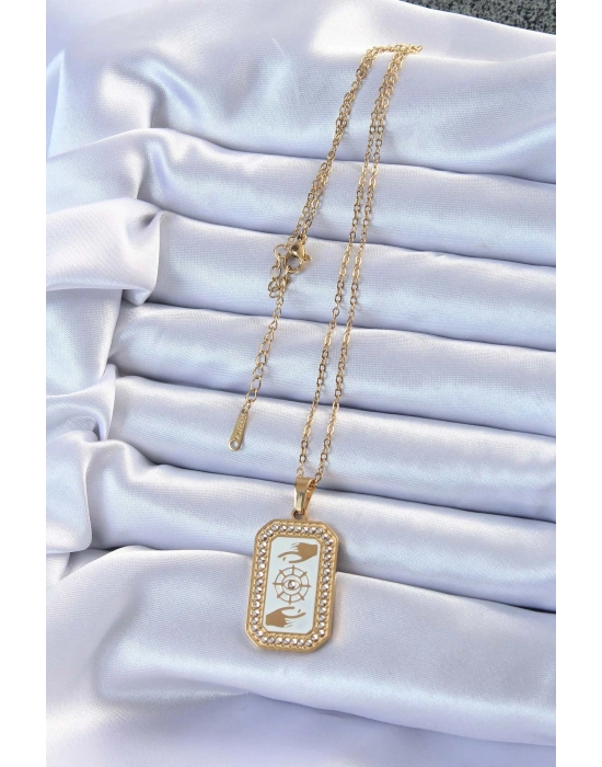 316L Çelik Zincir Altın Renk Mineli Zirkon Taşlı Göz Figür Tarot Kolye