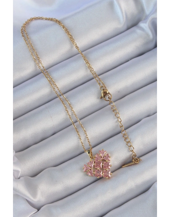 316L Çelik Zincir Altın Renk Pembe Parçalı Zirkon Taşlı Kalp Kolye