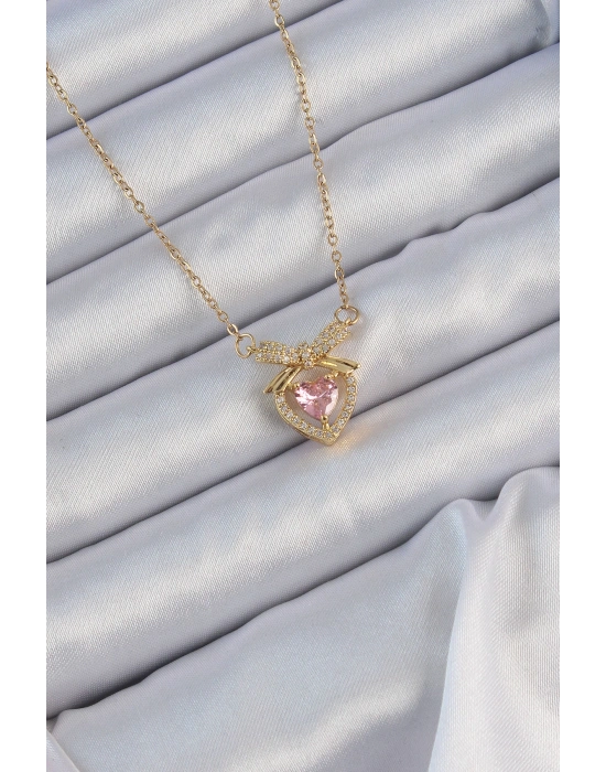 316L Çelik Zincir Altın Renk Pembe Zirkon Taşlı Fiyonklu Kalp Kolye