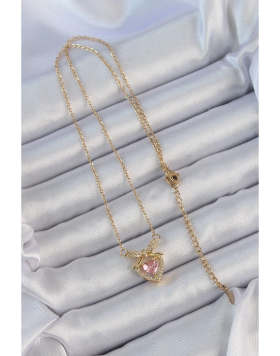 316L Çelik Zincir Altın Renk Pembe Zirkon Taşlı Fiyonklu Kalp Kolye