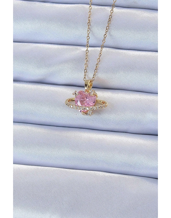 316L Çelik Zincir Altın Renk Pembe Zirkon Taşlı Satürn Görünümlü Kalp Kolye