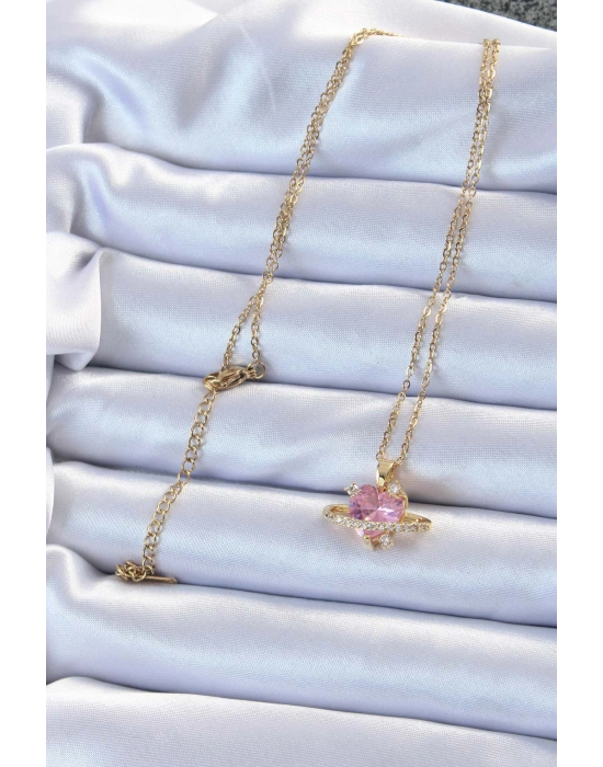 316L Çelik Zincir Altın Renk Pembe Zirkon Taşlı Satürn Görünümlü Kalp Kolye